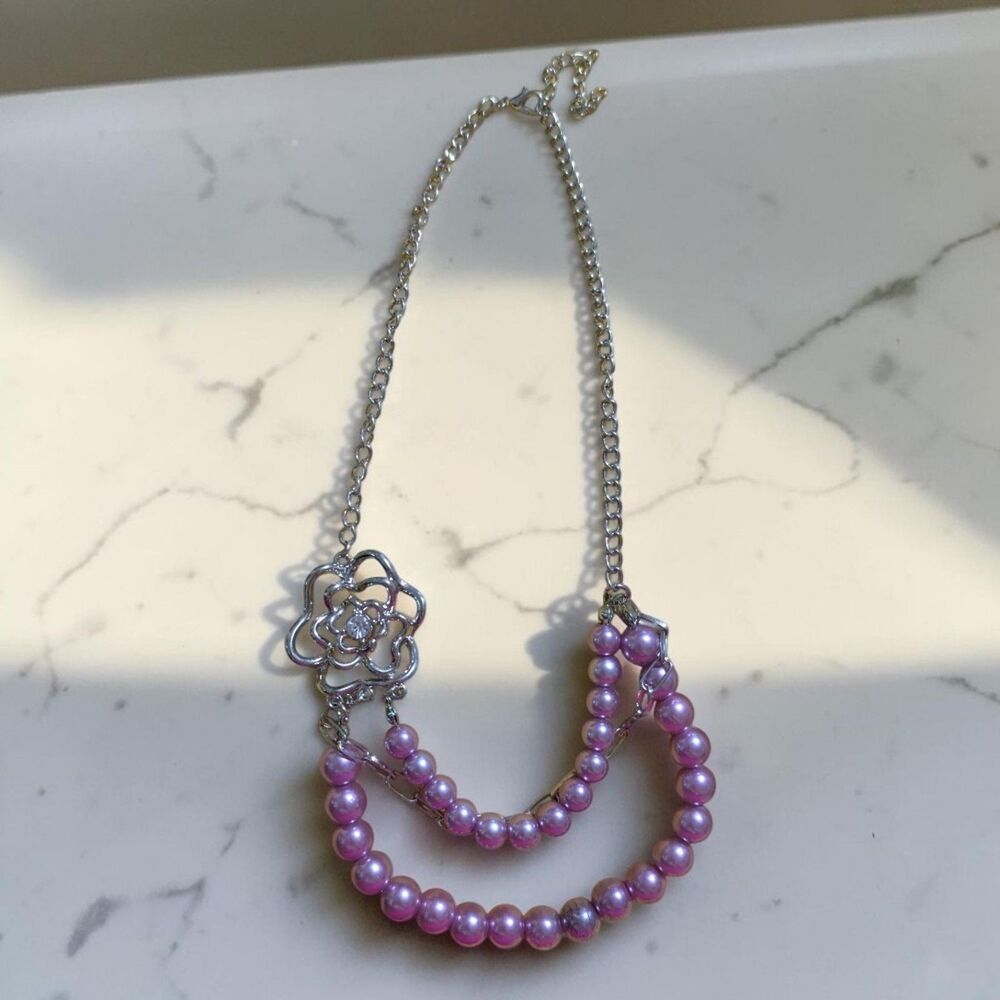 Silver Tone Pink Faux Pearl Layered Flower Statement Necklace, Floral Pendant - Picture 2 of 6